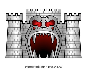 vector devil castle with open mouth and fiery eyes on a white background