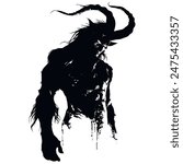 Vector devil demon silhouette. Black mysterious evil figure with curved horns. Mythical fantasy being. Isolated elegant creative black devil design on white background.