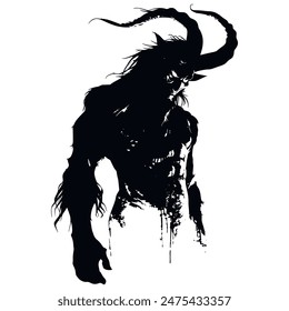 Vector devil demon silhouette. Black mysterious evil figure with curved horns. Mythical fantasy being. Isolated elegant creative black devil design on white background.