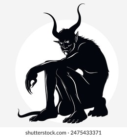 Vector devil demon silhouette. Black mysterious sitting evil figure with curved horns. Mythical fantasy being. Isolated elegant creative black devil design on white background.