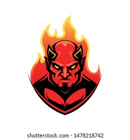 Vector Devil with fire flames behind.  Sports logo mascot