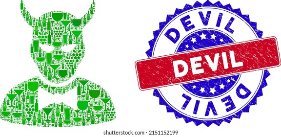 Vector devil icon wine collage with grunge bicolor Devil stamp. Red and blue bicolored stamp with unclean surface and Devil tag. Devil collage icon is created with wine glasses,