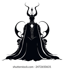 Vector devil silhouette. Black mysterious evil figure with a long flowing robe, curved horns. Mythical fantasy being. Isolated elegant creative design on white background.