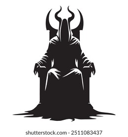 Vector devil silhouette. Black mysterious evil figure with a long flowing robe, hood, curved horns on the throne. Mythical fantasy being. Isolated elegant creative design on white background.