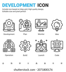 Vector devops icons set with outline style isolated on white background. Vector icon IT operations and software development sign symbol concept for operate, software and technology. Editable stroke