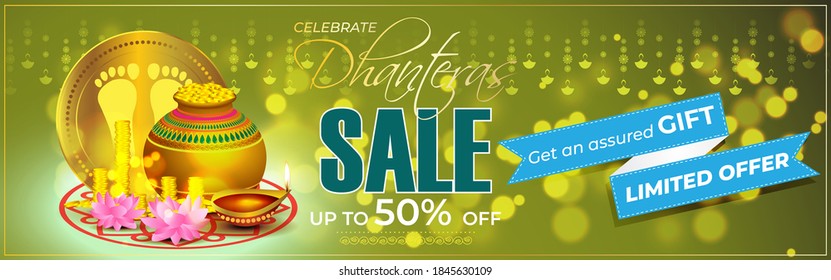 Vector Dhantera Big Sale banner, up to 50% off, lotus, diya, on beautiful bokeh background. Limited offer. assured an gift