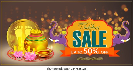 Vector Dhantera Big Sale banner, up to 50% off, lotus, diya, on beautiful bokeh background. Limited offer. assured an gift