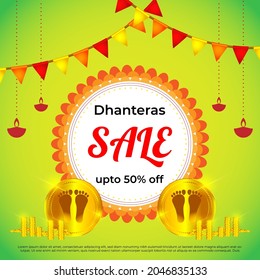 Vector Dhantera Big Sale banner, up to 50% off, lotus, diya, on beautiful bokeh background. Limited offer. assured an gift