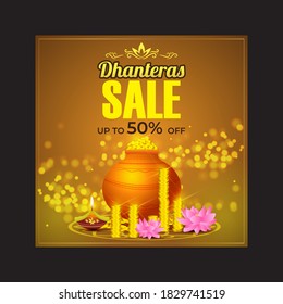 Vector Dhantera Festive Season Sale banner, 50% off, lotus, diya, on beautiful bokeh background.