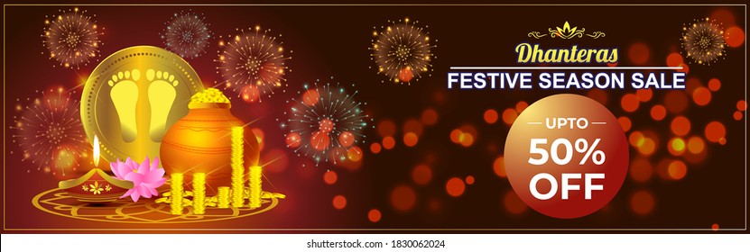 Vector Dhantera Festive Season Sale banner, 30% off, goddess Lakshmi footprint, lord ganesha, puja kalash, lotus, diya, gold coin pot, on beautiful bokeh background.