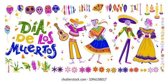 Vector dia de los muertos set of mexico traditional elements, symbols & skeleton characters in hand drawn style isolated on white background. Mexican celebration, national patterns & decorations.