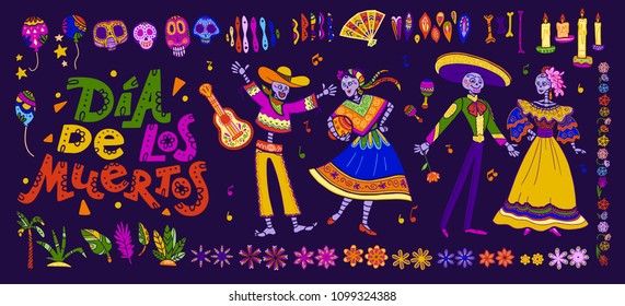 Vector dia de los muertos set of mexico traditional elements, symbols & skeleton characters in hand drawn style isolated on dark background. Mexican celebration, national patterns & decorations.