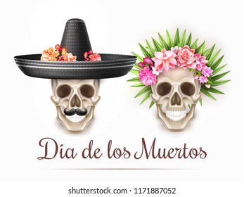 Vector dia de los muertos holiday poster with realistic skull with rose flowers, leaves wreath on head and sombrero, mustache. Day of dead mexican traditional holiday like halloween. Festival spooky