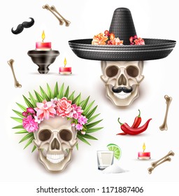 Vector dia de los muertos holiday set. realistic skull with rose flowers, leaves wreath sombrero, mustache, bones tequila shot, chili pepper Day of dead mexican traditional holiday like halloween.