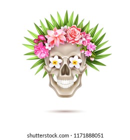 Vector dia de los muertos holiday poster with realistic skull with rose flowers, leaves wreath on head. Day of dead mexican traditional holiday like halloween. Festival spooky object