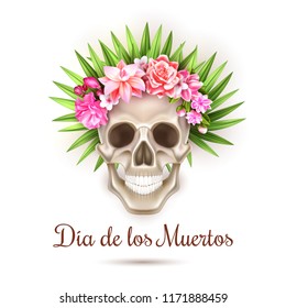 Vector dia de los muertos holiday poster with realistic skull with rose flowers, leaves wreath on head. Day of dead mexican traditional holiday like halloween. Festival spooky object