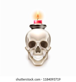 Vector dia de los muertos holiday poster with realistic skull with burning candle on head. Day of dead mexican traditional holiday like halloween. Festival spooky object