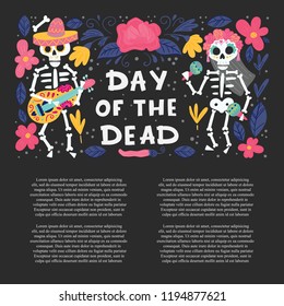 Vector Dia de Los Muertos, Day of the Dead or Mexico Halloween greeting card, invitation. Decoration with skeletons and flowers. Vector illustration background.