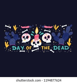 Vector Dia de Los Muertos, Day of the Dead or Mexico Halloween greeting card, invitation. Decoration with skulls and flowers. Vector illustration background.