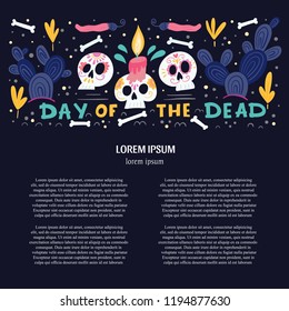 Vector Dia de Los Muertos, Day of the Dead or Mexico Halloween greeting card, invitation. Decoration with skulls and flowers. Vector illustration background.