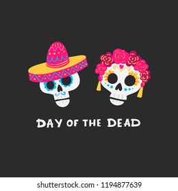 Vector Dia de Los Muertos, Day of the Dead or Mexico Halloween greeting card, invitation. Decoration with skulls and flowers. Vector illustration background.