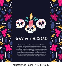 Vector Dia de Los Muertos, Day of the Dead or Mexico Halloween greeting card, invitation. Decoration with skulls and flowers. Vector illustration background.