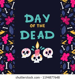 Vector Dia de Los Muertos, Day of the Dead or Mexico Halloween greeting card, invitation. Decoration with skulls and flowers. Vector illustration background.