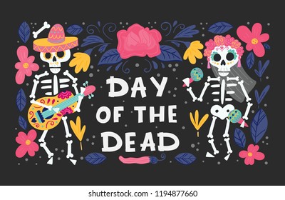 Vector Dia de Los Muertos, Day of the Dead or Mexico Halloween greeting card, invitation. Decoration with skeletons and flowers. Vector illustration background.