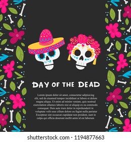 Vector Dia de Los Muertos, Day of the Dead or Mexico Halloween greeting card, invitation. Decoration with skulls and flowers. Vector illustration background.