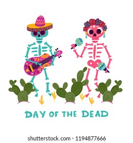 Vector Dia de Los Muertos, Day of the Dead or Mexico Halloween greeting card, invitation. Decoration with skeletons and flowers. Vector illustration background.