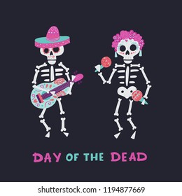 Vector Dia de Los Muertos, Day of the Dead or Mexico Halloween greeting card, invitation. Decoration with skeletons and flowers. Vector illustration background.