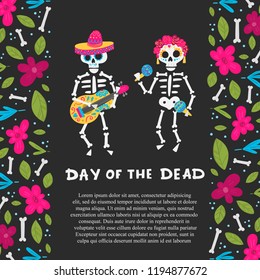 Vector Dia de Los Muertos, Day of the Dead or Mexico Halloween greeting card, invitation. Decoration with skeletons and flowers. Vector illustration background.