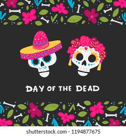 Vector Dia de Los Muertos, Day of the Dead or Mexico Halloween greeting card, invitation. Decoration with skulls and flowers. Vector illustration background.