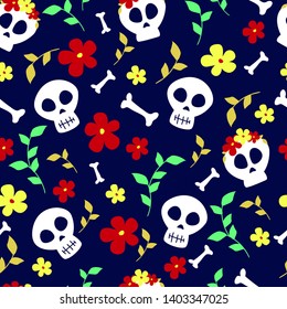 Vector Dia de Los Muertos, Day of the Dead or Mexico Halloween greeting card, invitation. Decoration with skulls and flowers. Vector illustration background.