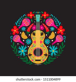 Vector Dia de Los Muertos, Day of the Dead or Mexico Halloween greeting card, invitation. Decoration with guitar, maracas, chili pepper, lemon and flowers. Vector illustration background.