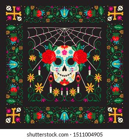 Vector Dia de Los Muertos, Day of the Dead or Mexico Halloween greeting card, invitation. Decoration with women scull and flowers. Vector illustration background.