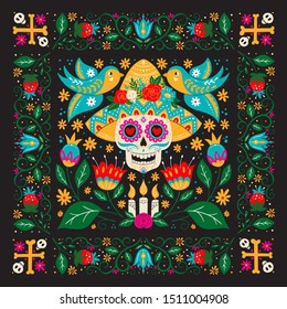 Vector Dia de Los Muertos, Day of the Dead or Mexico Halloween greeting card, invitation. Decoration with scull in sombrero hat and flowers. Vector illustration background.