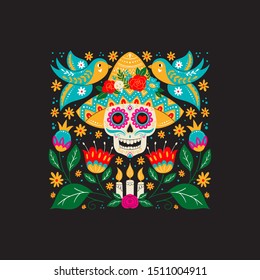 Vector Dia de Los Muertos, Day of the Dead or Mexico Halloween greeting card, invitation. Decoration with scull in sombrero hat and flowers. Vector illustration background.