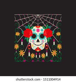 Vector Dia de Los Muertos, Day of the Dead or Mexico Halloween greeting card, invitation. Decoration with women scull and flowers. Vector illustration background.