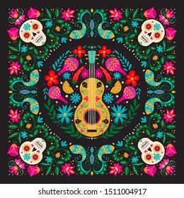 Vector Dia de Los Muertos, Day of the Dead or Mexico Halloween greeting card, invitation. Decoration with guitar, maracas, sculls frame and flowers. Vector illustration background.