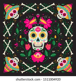 Vector Dia de Los Muertos, Day of the Dead or Mexico Halloween greeting card, invitation. Decoration with skulls and flowers. Vector illustration background.