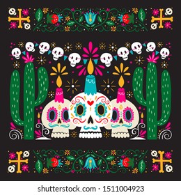 Vector Dia de Los Muertos, Day of the Dead or Mexico Halloween greeting card, invitation. Decoration with skulls, candles and cactus. Vector illustration background.