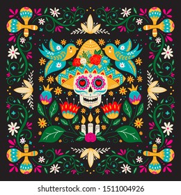 Vector Dia de Los Muertos, Day of the Dead or Mexico Halloween greeting card, invitation. Decoration with scull in sombrero hat, maracas, and flowers. Vector illustration background.