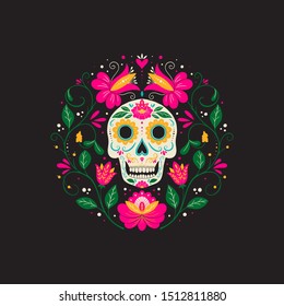 Vector Dia de Los Muertos, Day of the Dead or Mexico Halloween greeting card, invitation. Decoration with skull and flowers. Vector illustration background.