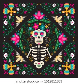 Vector Dia de Los Muertos, Day of the Dead or Mexico Halloween greeting card, invitation. Decoration with women scull, maracas and flowers. Vector illustration background.