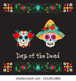Vector Dia de Los Muertos, Day of the Dead or Mexico Halloween greeting card, invitation. Decoration with skeletons and flowers. Vector illustration background.