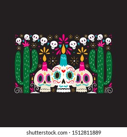 Vector Dia de Los Muertos, Day of the Dead or Mexico Halloween greeting card, invitation. Decoration with skulls, candles and cactus. Vector illustration background.