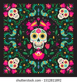 Vector Dia de Los Muertos, Day of the Dead or Mexico Halloween greeting card, invitation. Decoration with skulsl and flowers. Vector illustration background.