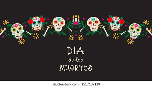 Vector Dia de Los Muertos, Day of the Dead or Mexico Halloween greeting card, invitation. Decoration with scull, candles and flowers garland. Vector illustration background.