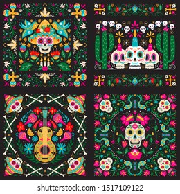 Vector Dia de Los Muertos, Day of the Dead or Mexico Halloween illustration set. Decoration with skeletons, sculls, maracas, guitar, candles and flowers. Vector illustration background.